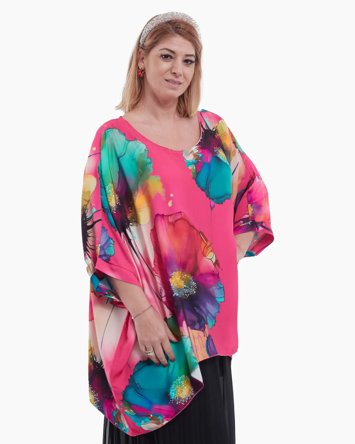 Bluza asimetrica eleganta cu imprimeu floral abstract, pe fond fucsia-model oversize [3]