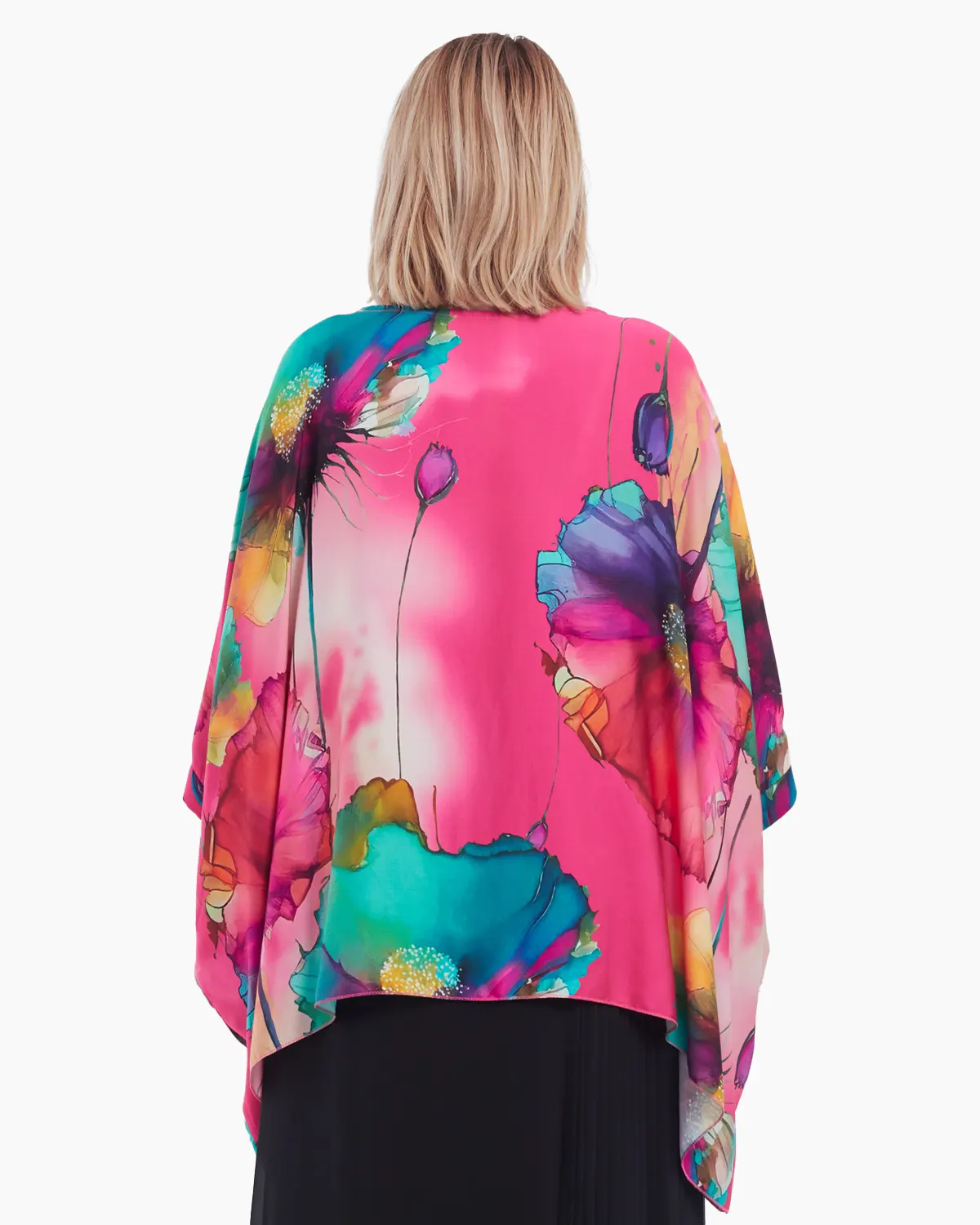 Bluza asimetrica eleganta cu imprimeu floral abstract, pe fond fucsia-model oversize [4]