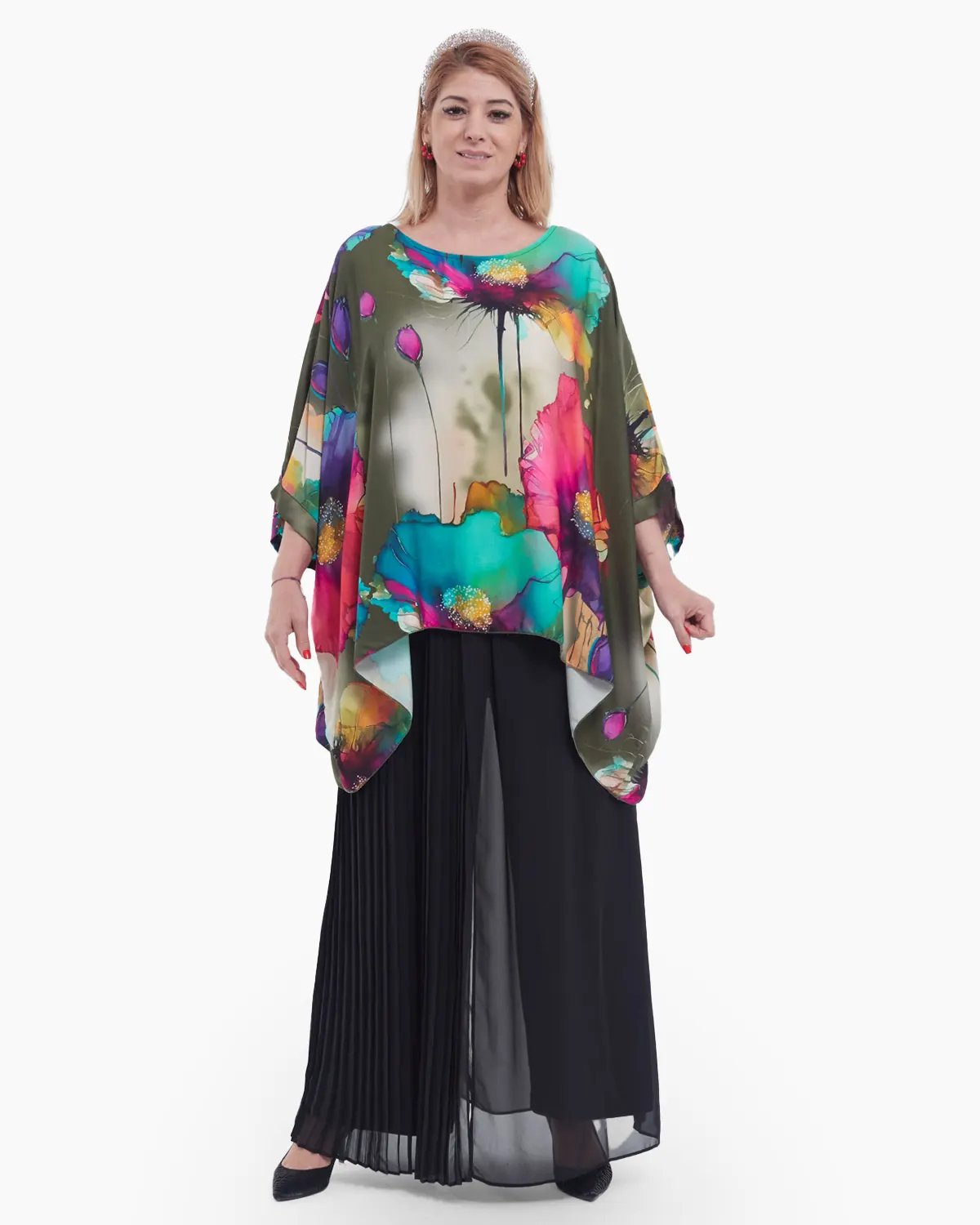 Bluza asimetrica eleganta cu imprimeu floral abstract, pe fond kaki - model oversize [2]