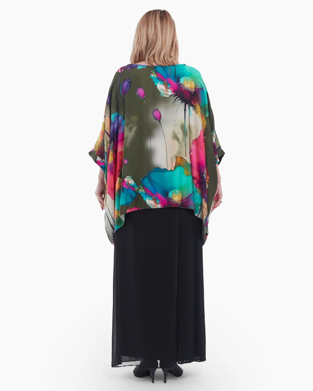 Bluza asimetrica eleganta cu imprimeu floral abstract, pe fond kaki - model oversize [3]