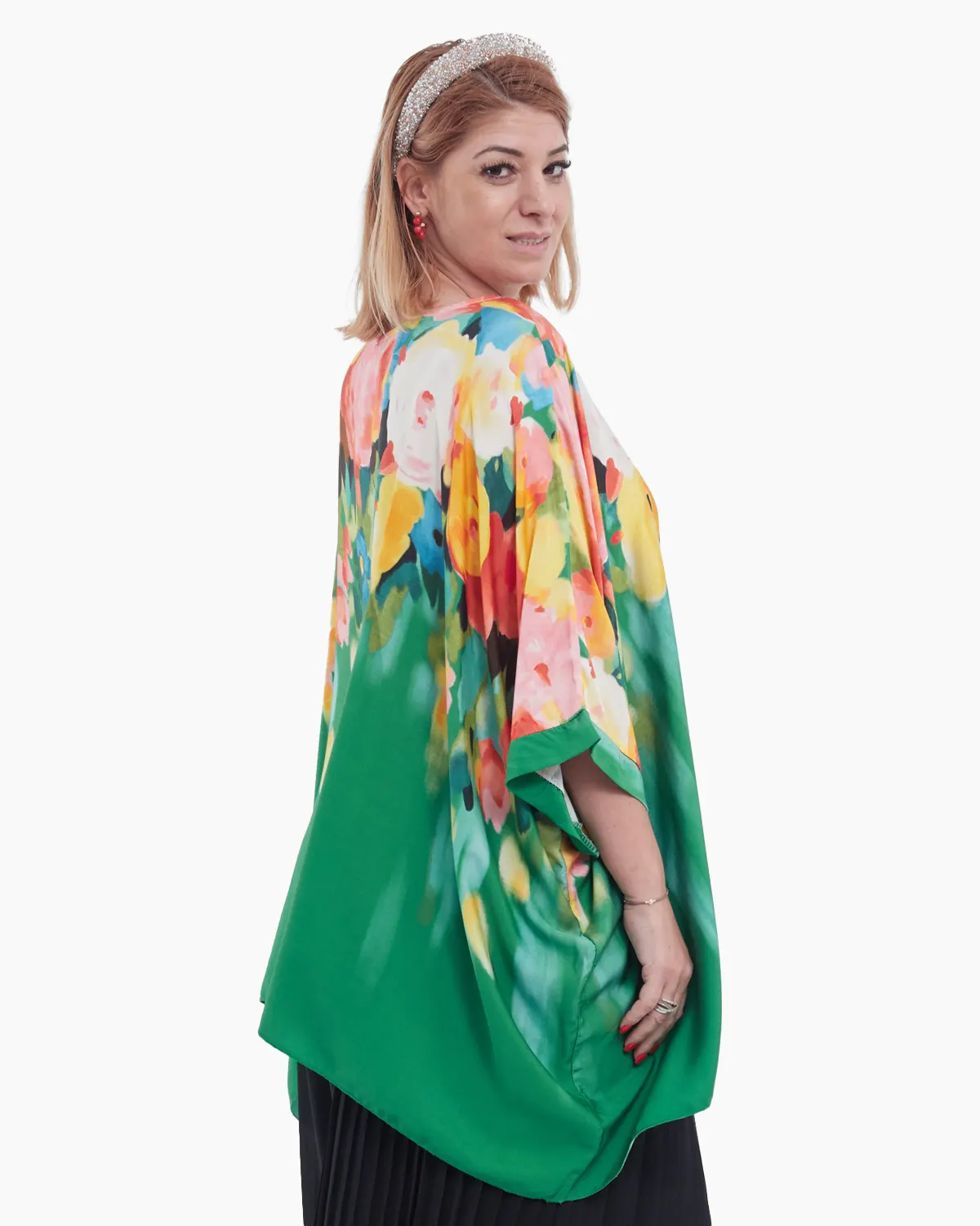 Bluza asimetrica eleganta cu imprimeu floral , pe fond verde-model oversize [3]