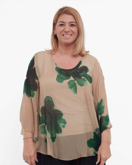 Bluză bej stil kimono cu imprimeu floral elegant [4]