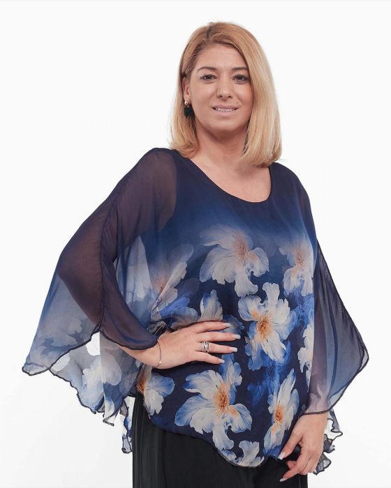 Bluză bleumarin elegantă stil kimono cu imprimeu floral [3]