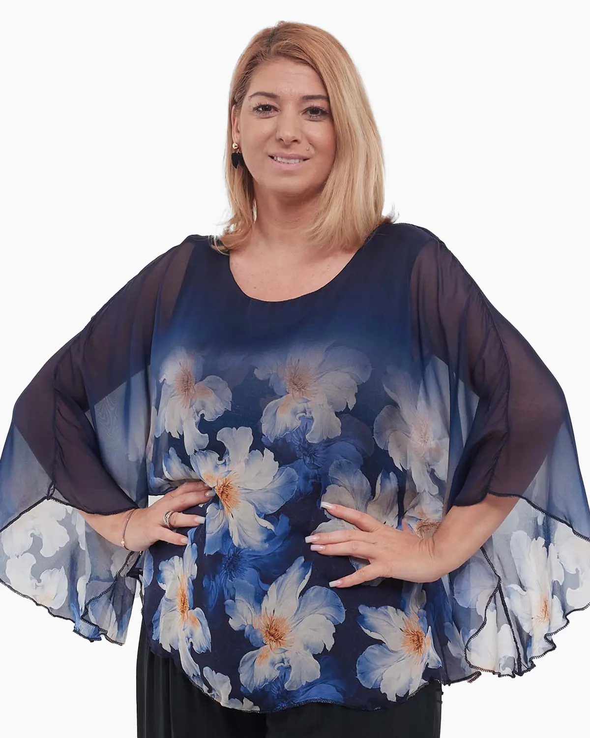 Bluză bleumarin elegantă stil kimono cu imprimeu floral [1]