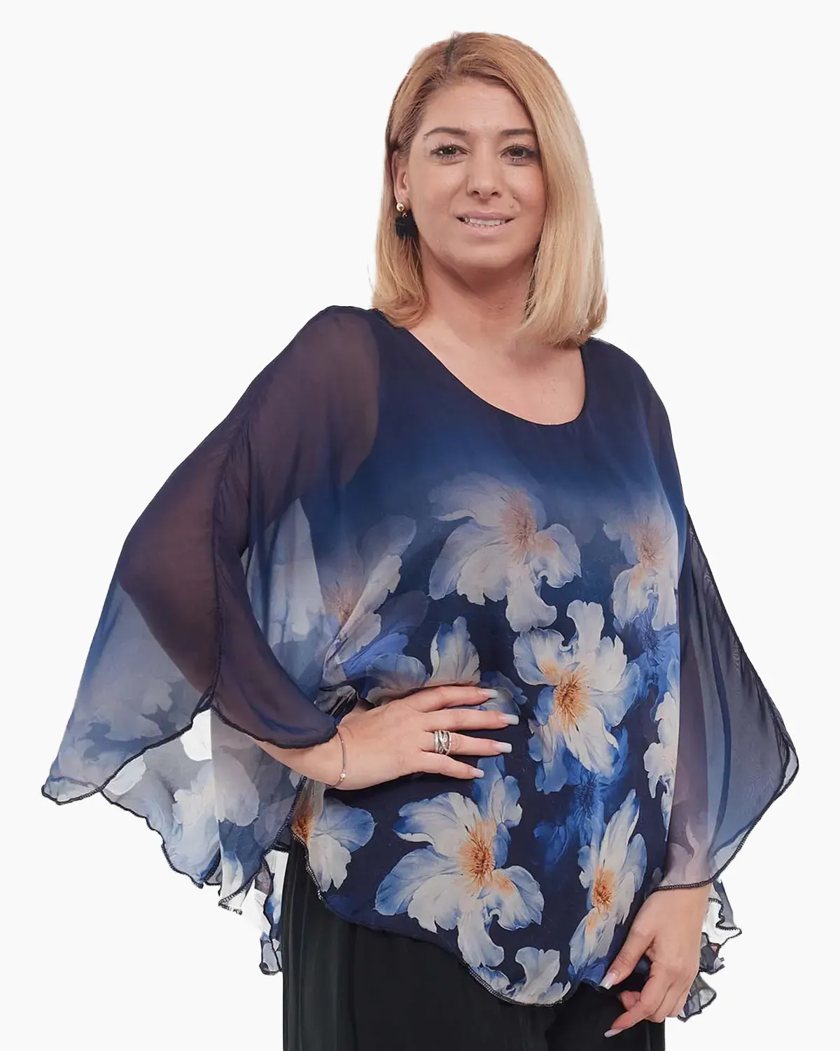 Bluză bleumarin elegantă stil kimono cu imprimeu floral [3]