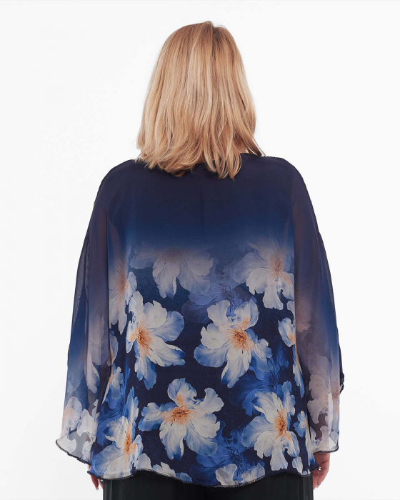 Bluză bleumarin elegantă stil kimono cu imprimeu floral [2]