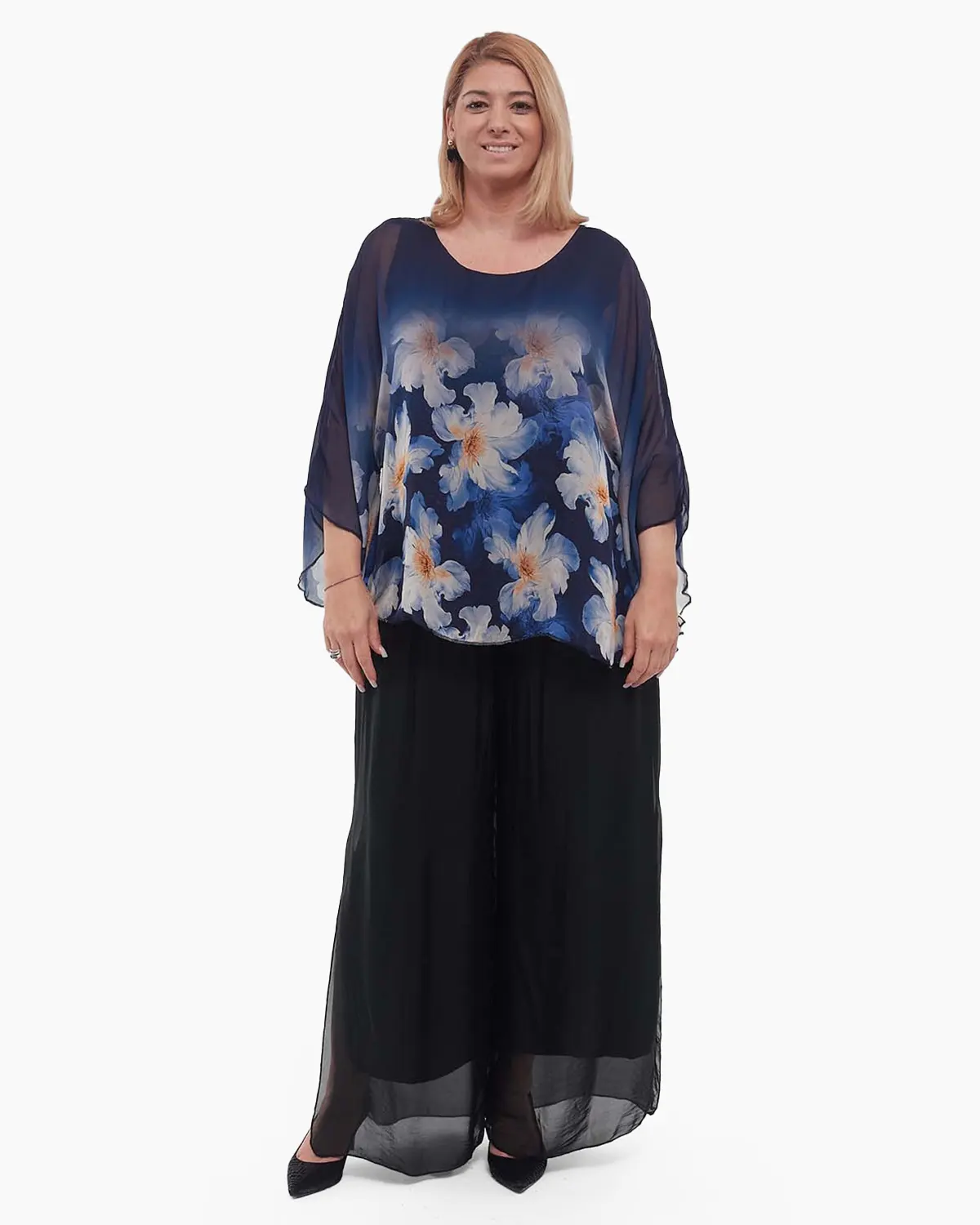 Bluză bleumarin elegantă stil kimono cu imprimeu floral [4]