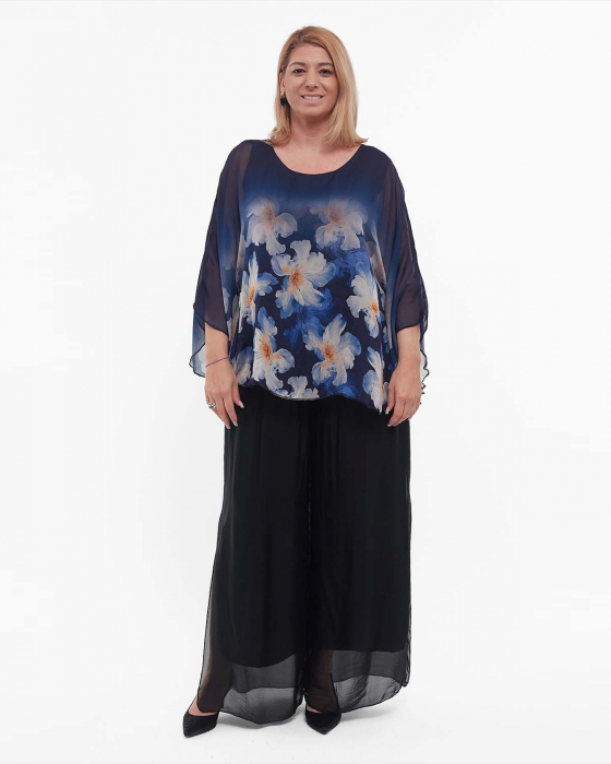 Bluză bleumarin elegantă stil kimono cu imprimeu floral [4]