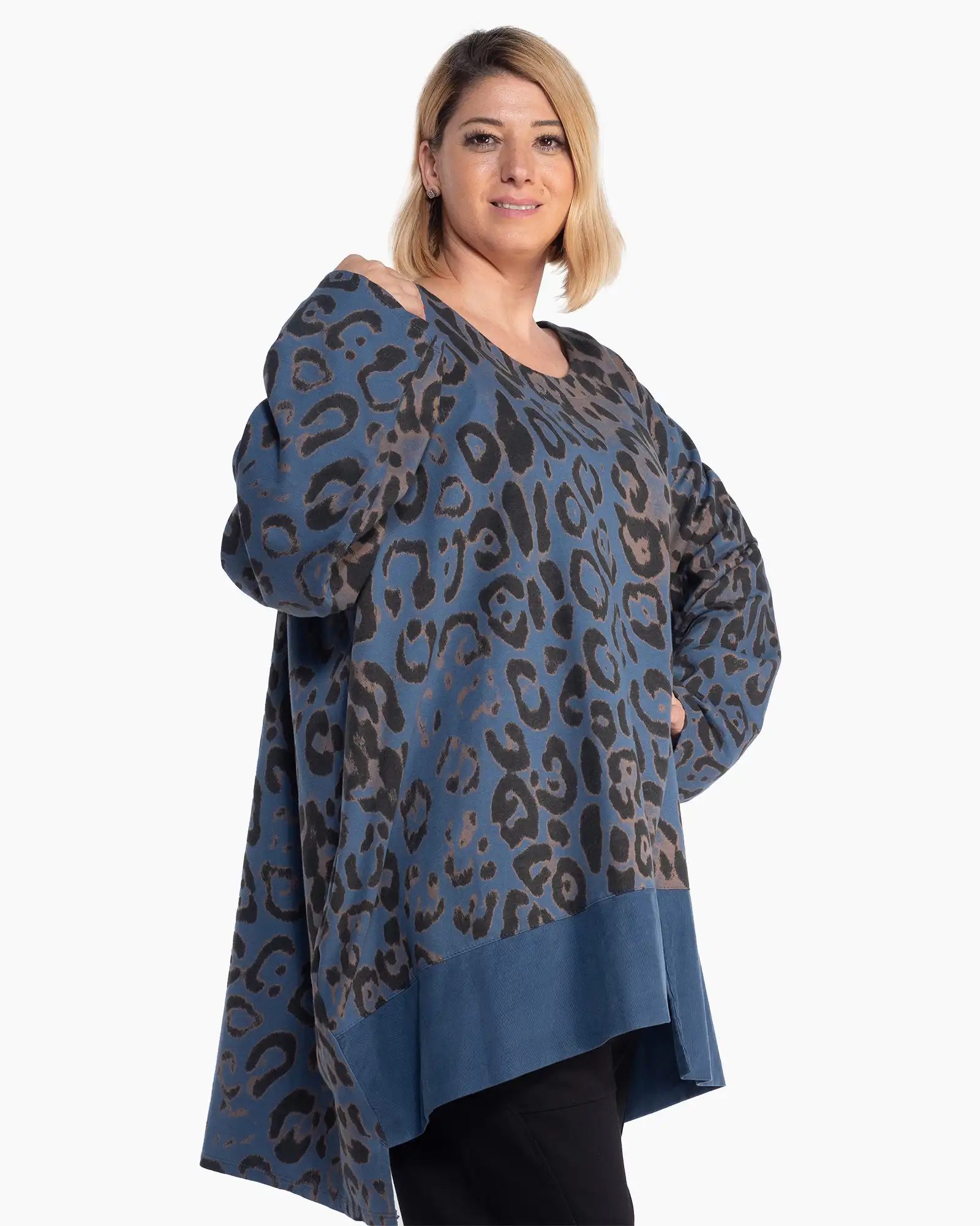 Bluză casual albastră supradimensionată cu imprimeu animal print [3]