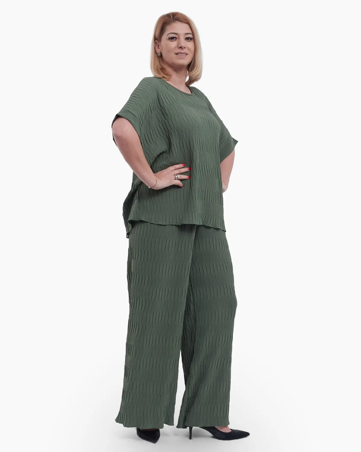 Bluza casual eleganta cu umeri cazuti, croiala lejera si maneci scurte, decolteu rotund, versatila pentru talie unica, kaki [2]