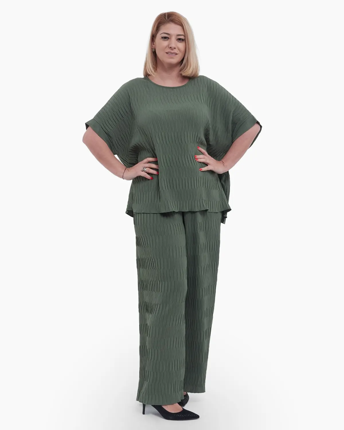 Bluza casual eleganta cu umeri cazuti, croiala lejera si maneci scurte, decolteu rotund, versatila pentru talie unica, kaki [4]