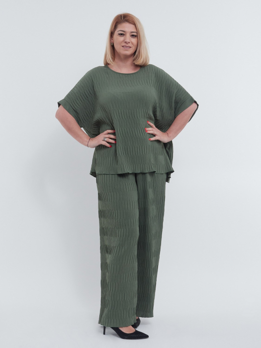 Bluza casual eleganta cu umeri cazuti, croiala lejera si maneci scurte, decolteu rotund, versatila pentru talie unica, kaki [4]