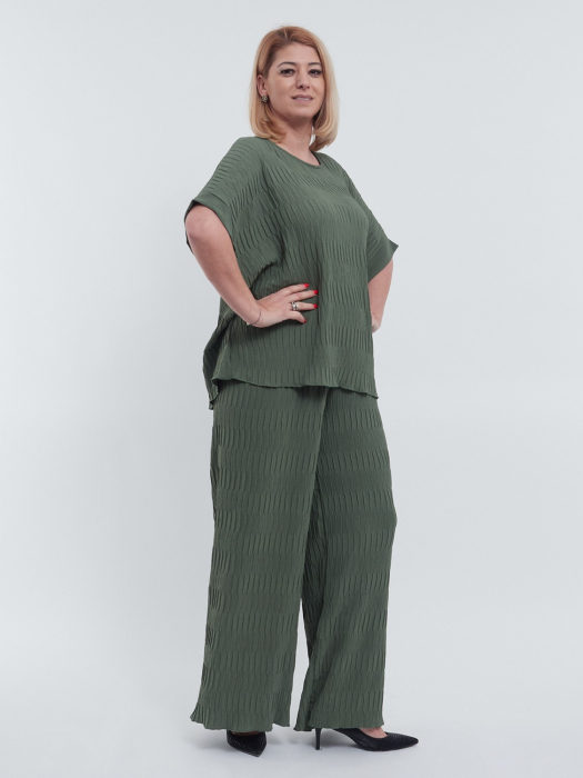 Bluza casual eleganta cu umeri cazuti, croiala lejera si maneci scurte, decolteu rotund, versatila pentru talie unica, kaki [2]