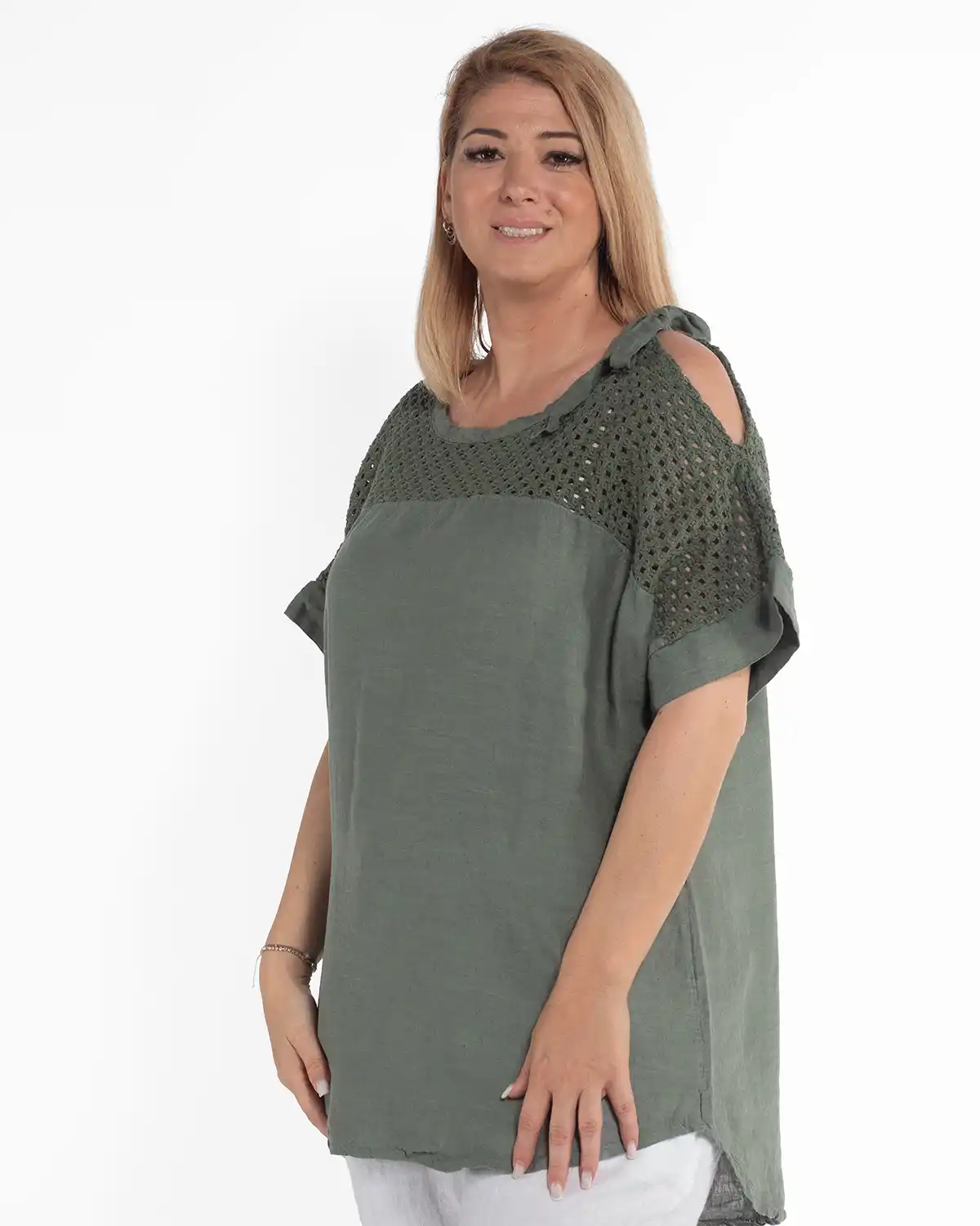 Bluză casual kaki din in cu design amplu și mânecă cu șnur [4]
