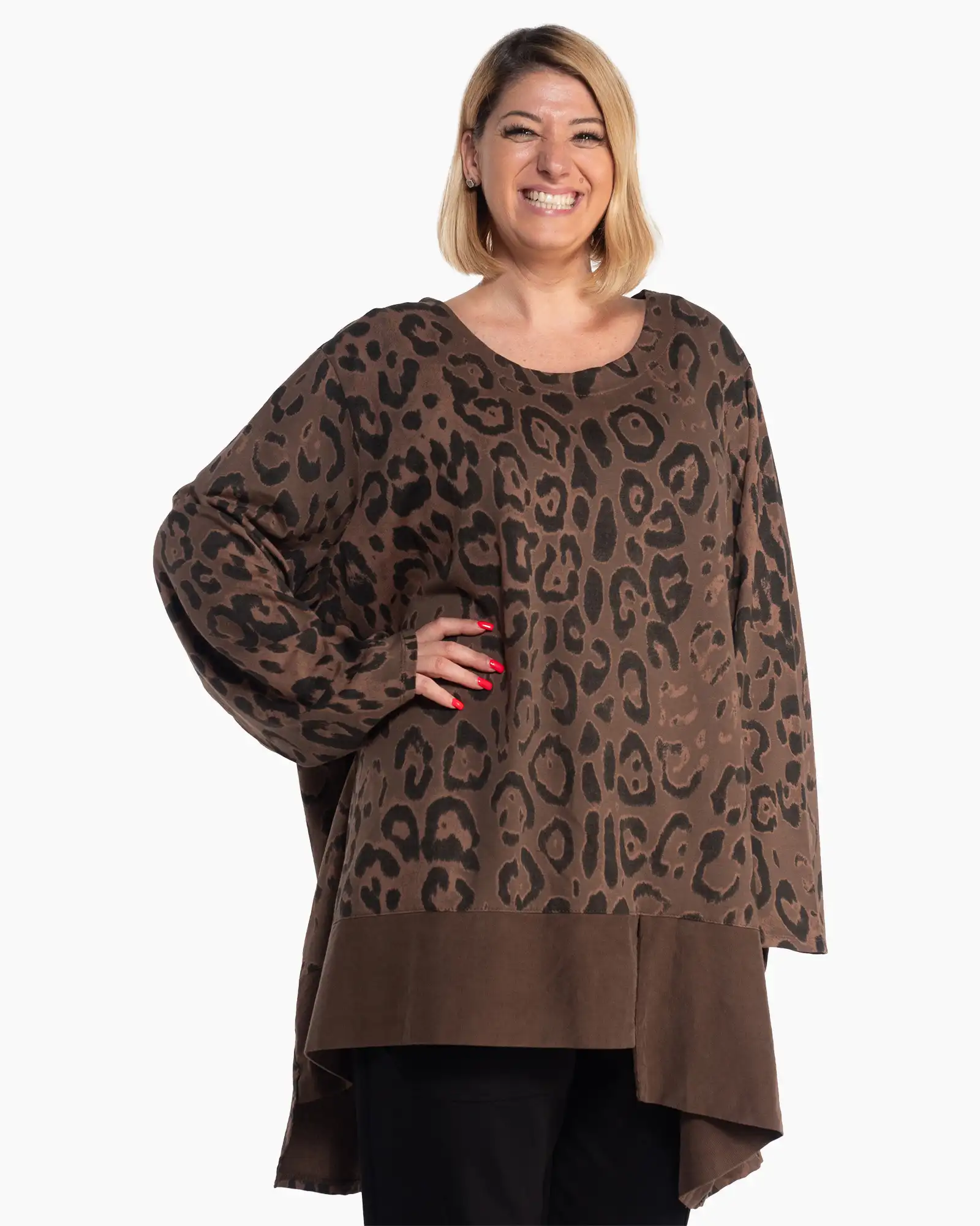 Bluză casual maro cu imprimeu animal print și linie fluidă [3]