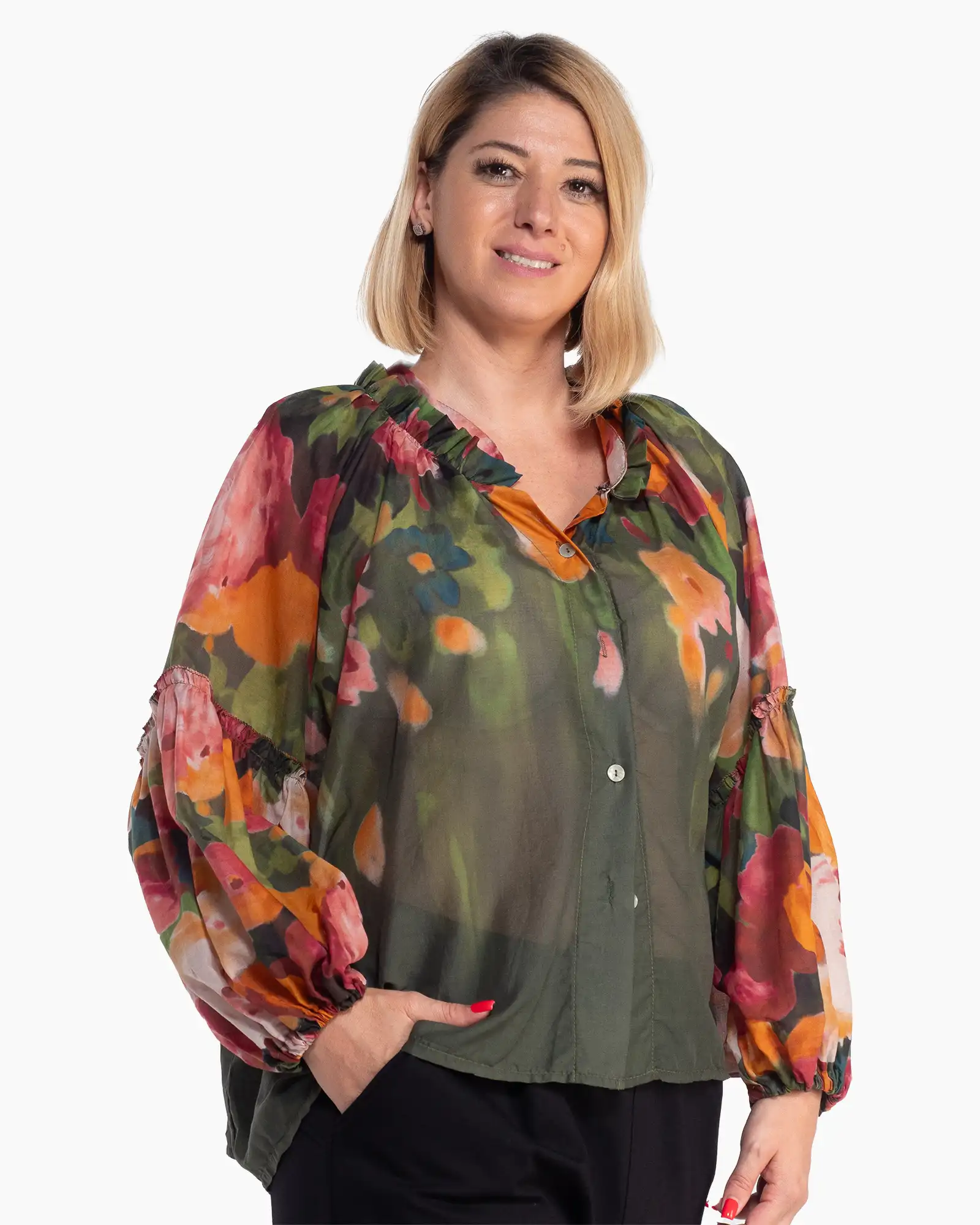 Bluză chic kaki cu imprimeu floral și mâneci bufante vaporoase [3]