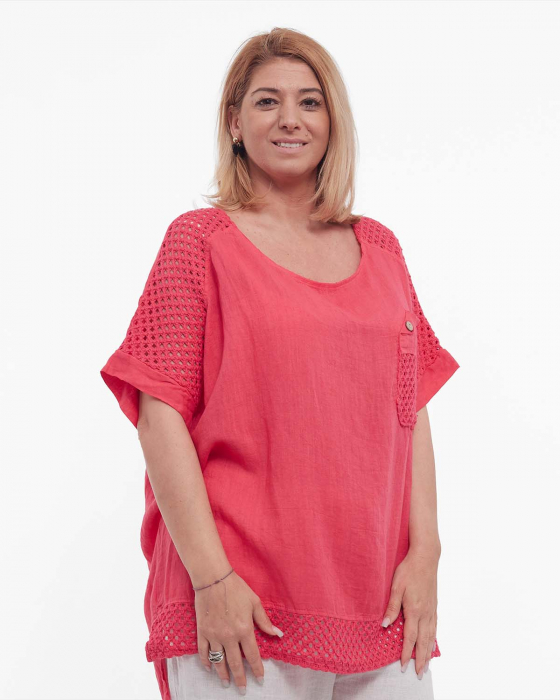 Bluză corai din in tip tunică smart casual, cu mâneci croșetate [3]