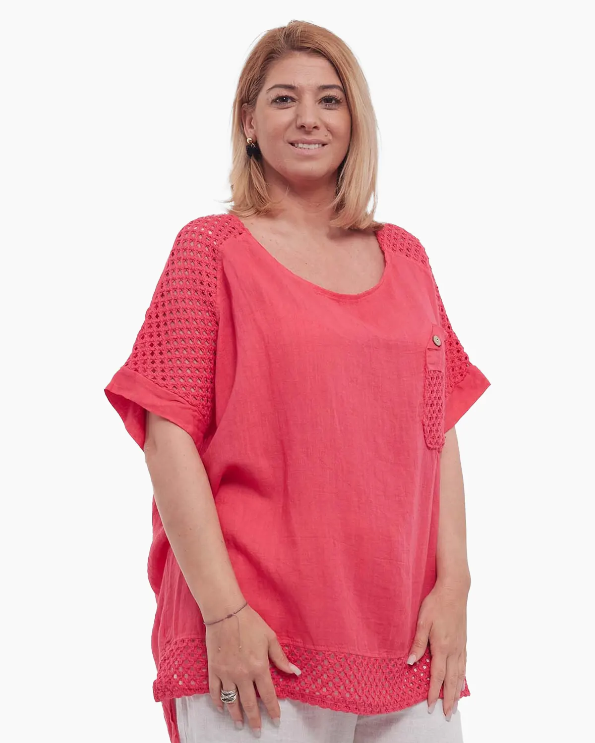 Bluză corai din in tip tunică smart casual, cu mâneci croșetate [3]