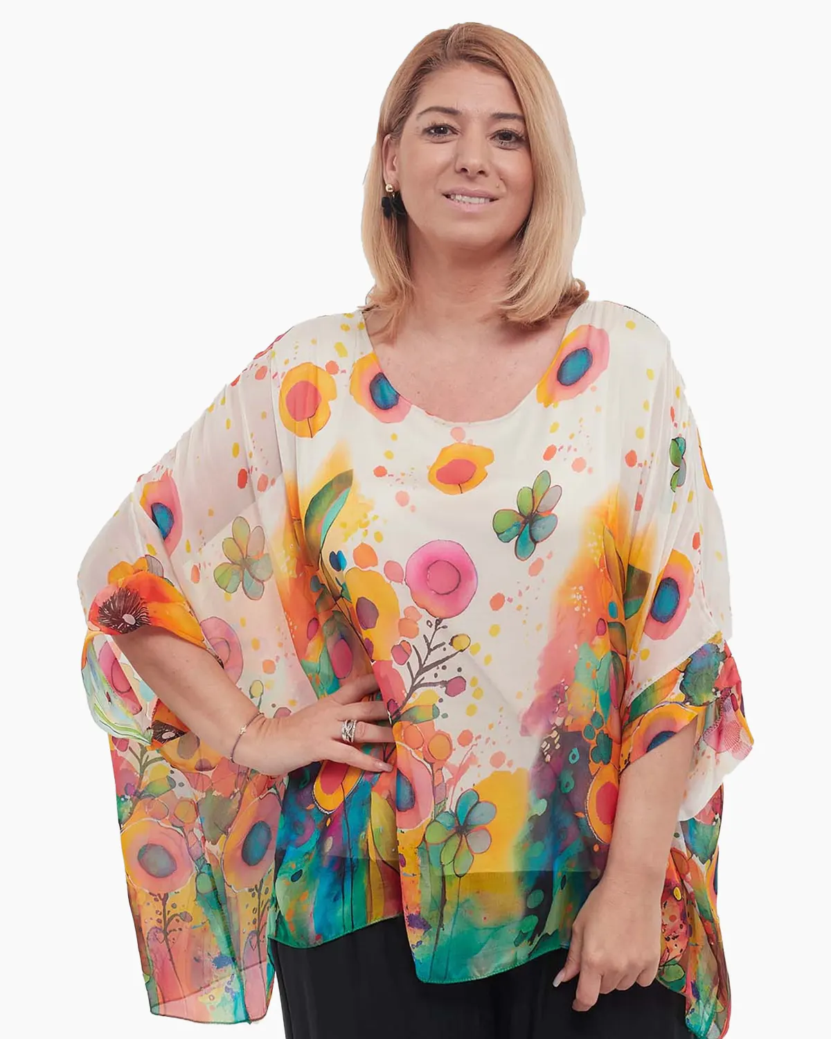 Bluză crem romantică din mătase cu imprimeu floral diafan [1]