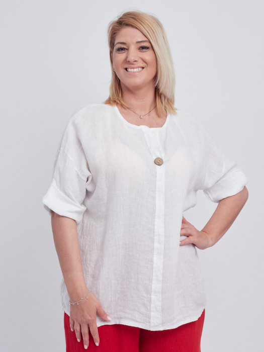 Bluza din in, croi drept, accesorizata cu nasture de efect la decolteu, alba [2]