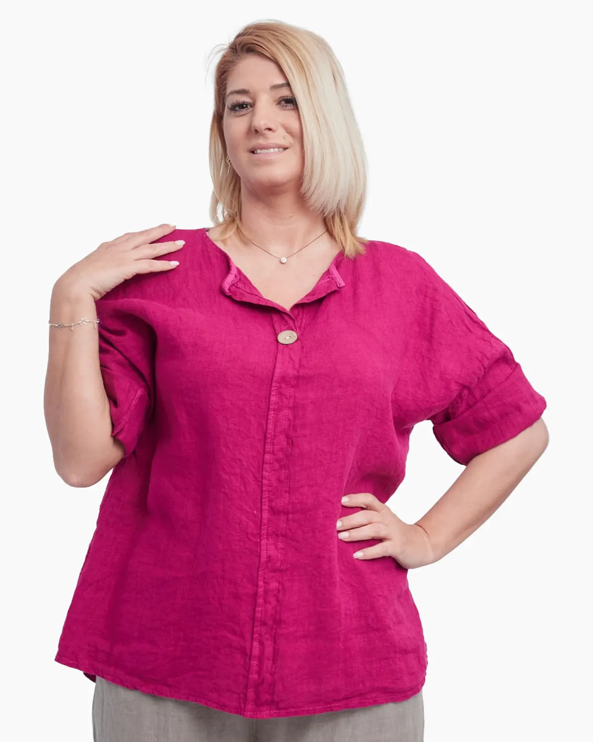 Bluza din in, croi drept, accesorizata cu nasture de efect la decolteu, fucsia [2]