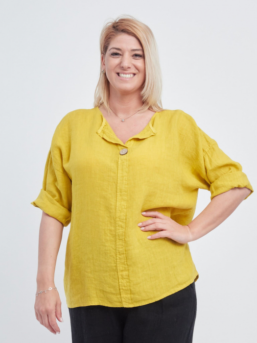 Bluza din in, croi drept, accesorizata cu nasture de efect la decolteu, galbena [2]