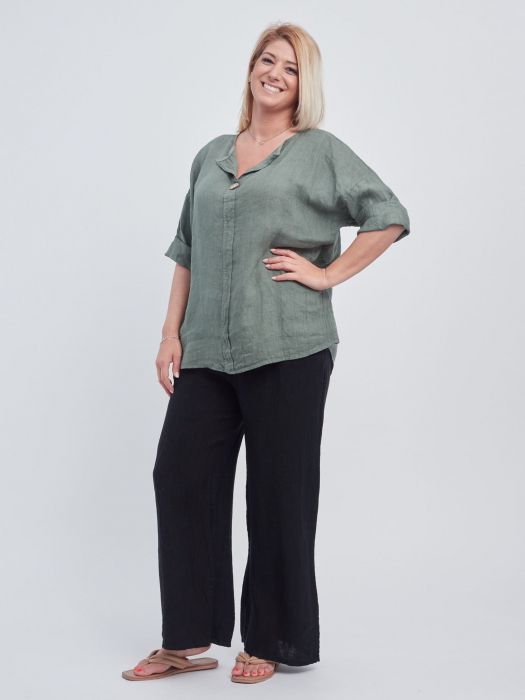 Bluza din in, croi drept, accesorizata cu nasture de efect la decolteu, kaki [2]