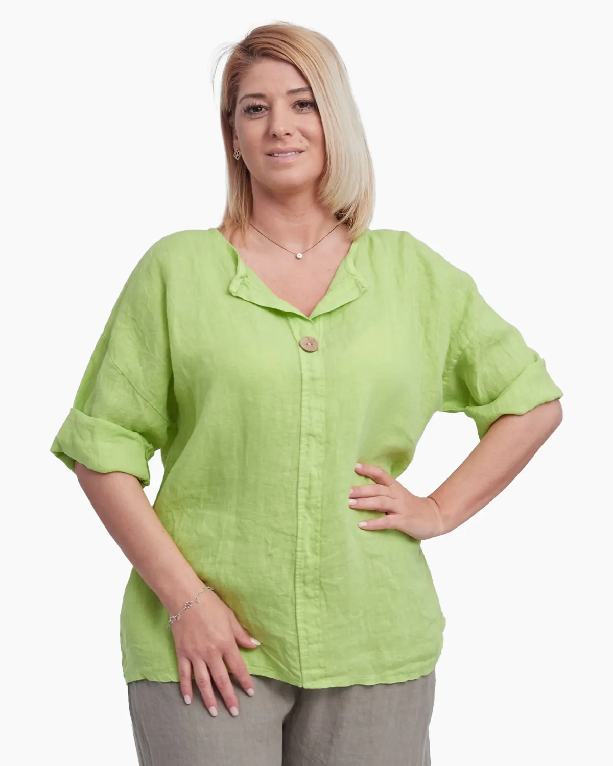 Bluza din in, croi drept, accesorizata cu nasture de efect la decolteu, verde fistic [2]