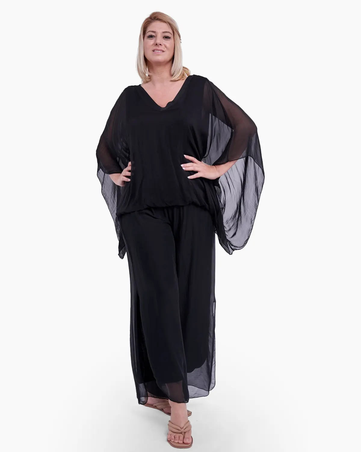 Bluza din matase cu elastic in talie, neagra [2]