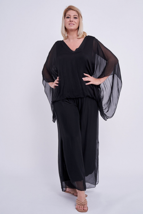 Bluza din matase cu elastic in talie, neagra [2]