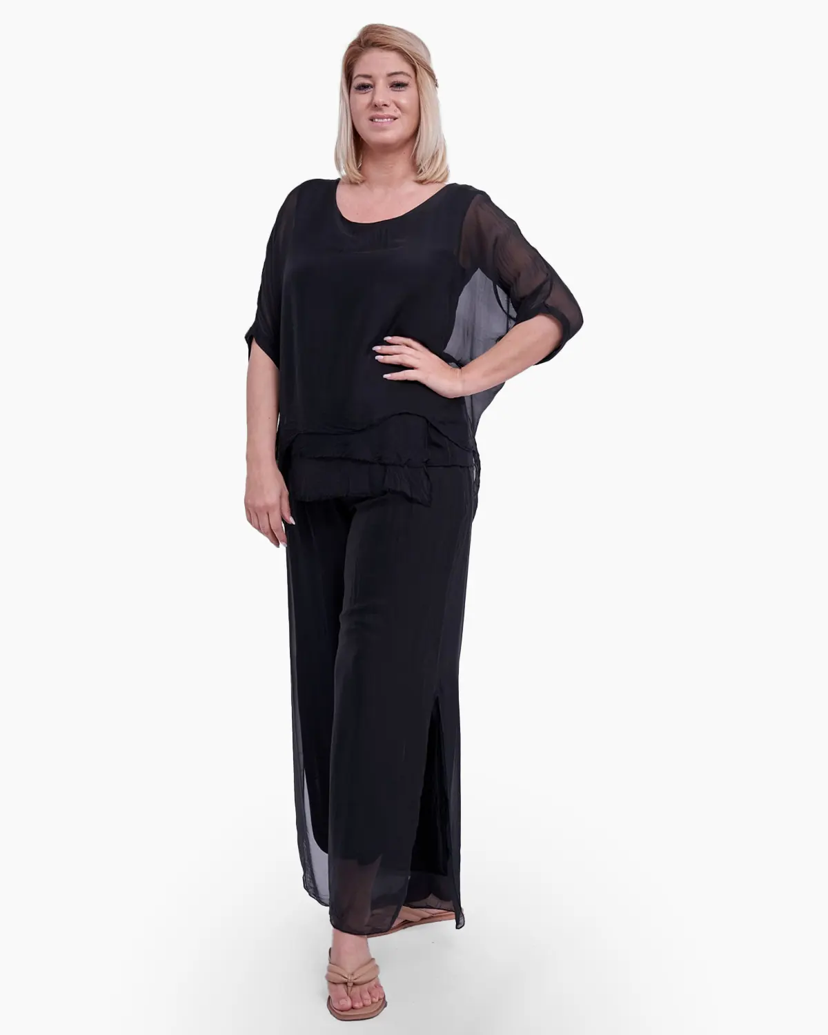 Bluza din matase cu franjuri discreti, neagra [2]