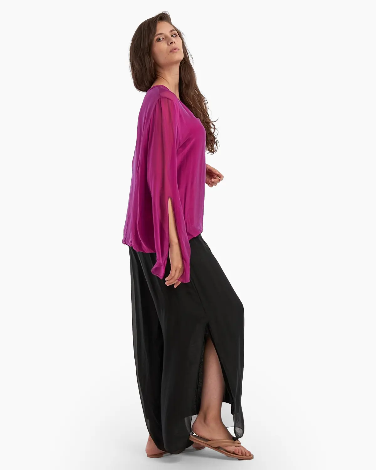 Bluza din matase naturala, fucsia,  cu maneci lungi, despicate [2]