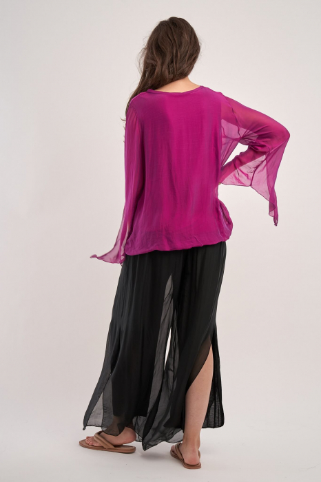 Bluza din matase naturala, fucsia,  cu maneci lungi, despicate [3]