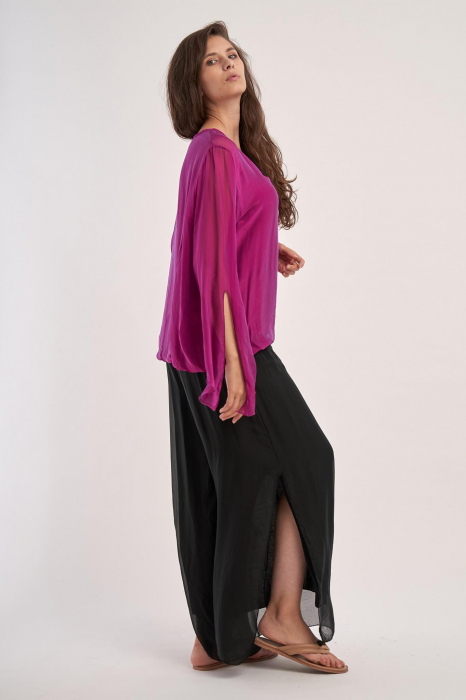 Bluza din matase naturala, fucsia,  cu maneci lungi, despicate [2]