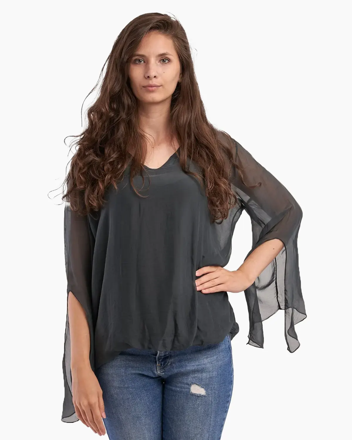 Bluza din matase naturala, gri inchis, cu maneci lungi, despicate [1]