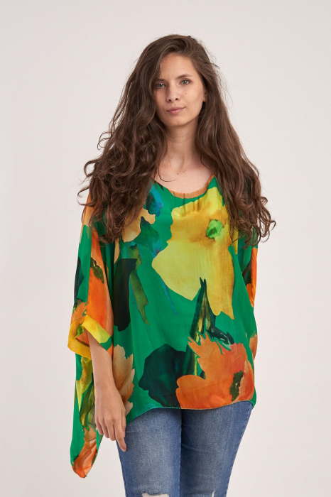Bluza din matase naturala, imprimeu maci, pe fond verde [2]