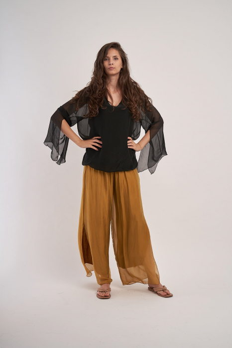 Bluza din matase naturala, neagra, cu maneci lungi, despicate [2]
