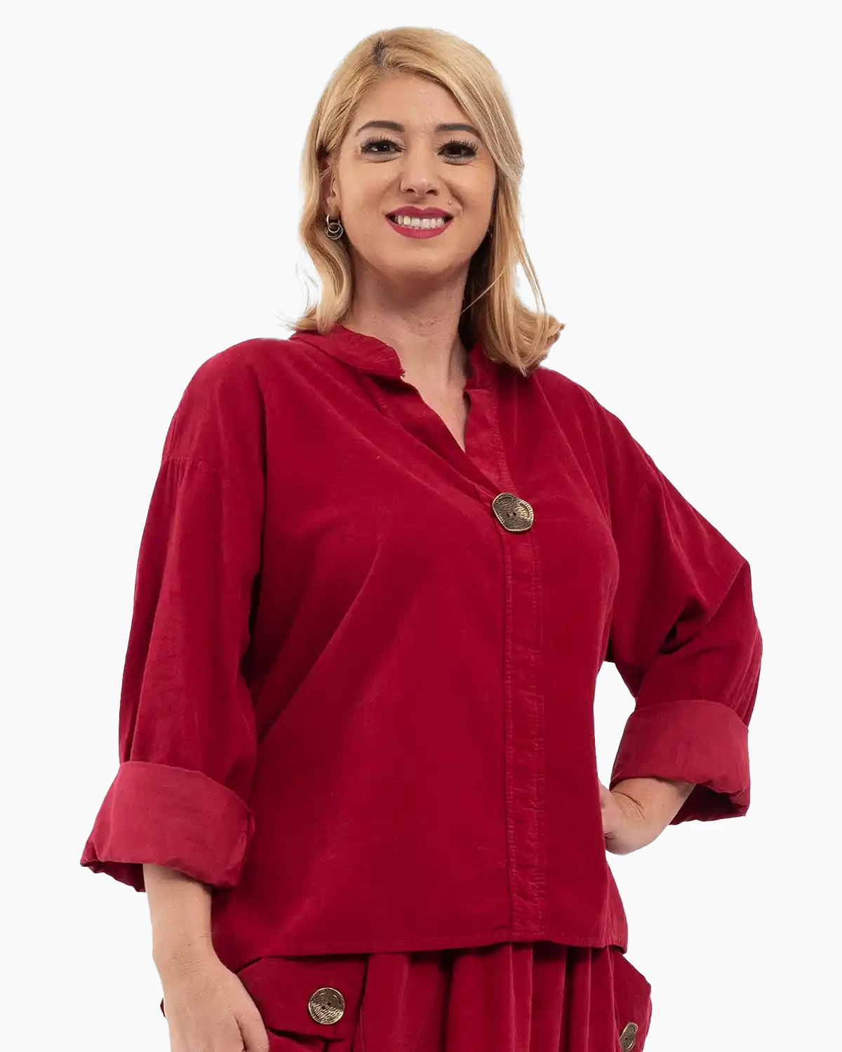 Bluză din raiat asimetrică cu mâneci lungi și nasture decorativ [3]