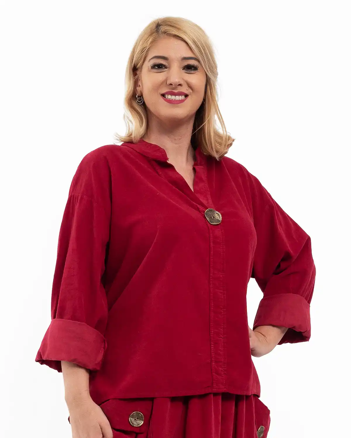 Bluză din raiat asimetrică cu mâneci lungi și nasture decorativ [3]