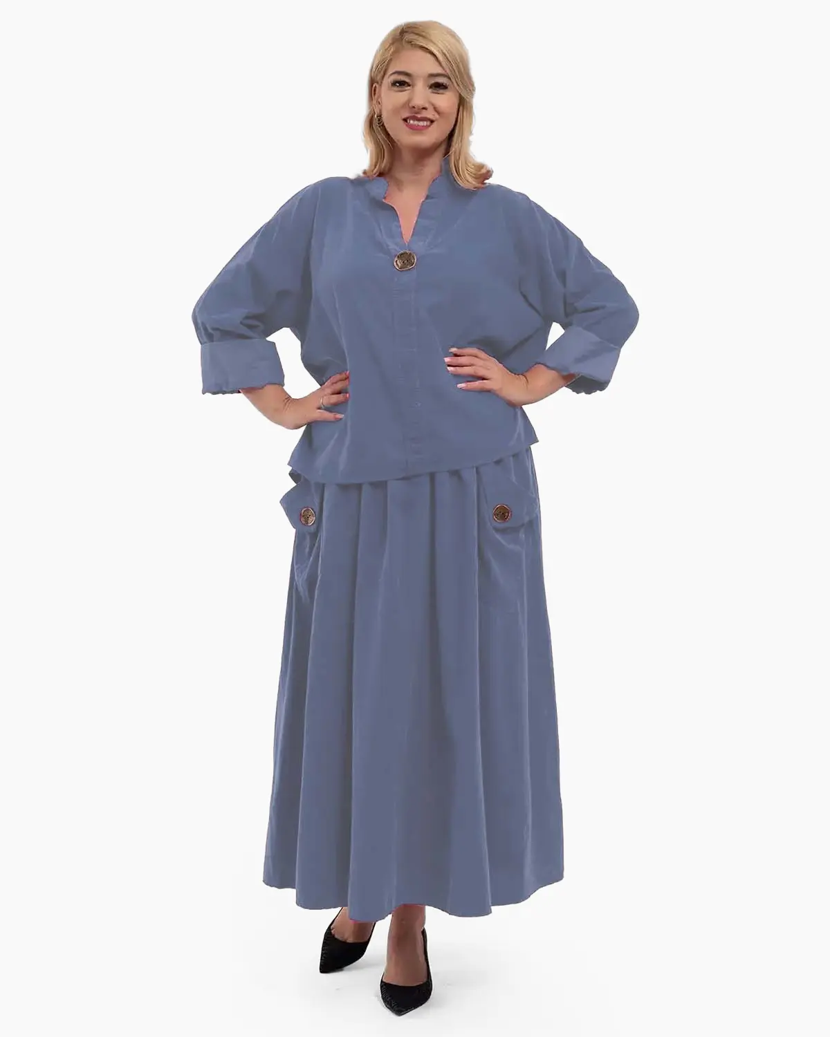 Bluză din raiat asimetrică cu mâneci lungi și nasture decorativ, jeans [4]
