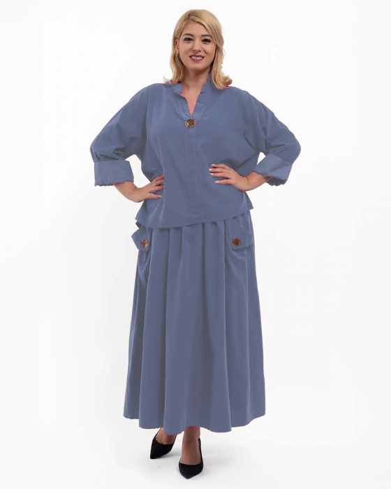 Bluză din raiat asimetrică cu mâneci lungi și nasture decorativ, jeans [4]