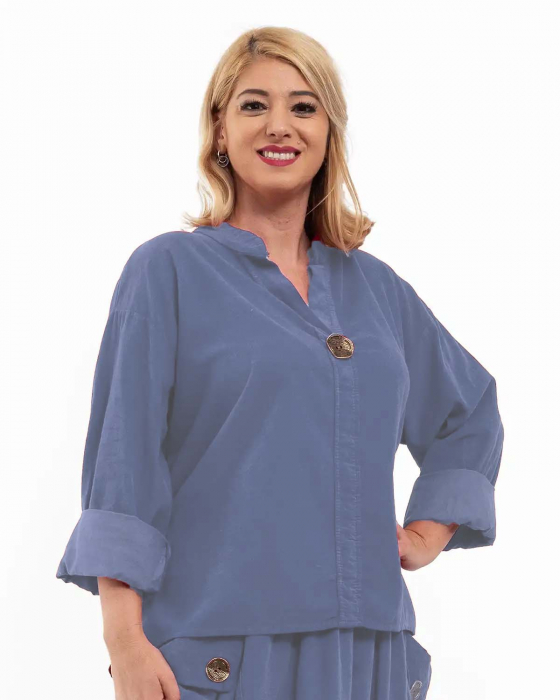 Bluză din raiat asimetrică cu mâneci lungi și nasture decorativ, jeans [2]