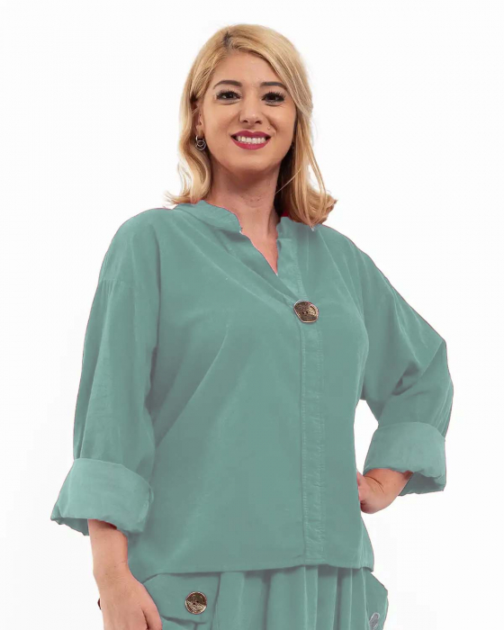 Bluză din raiat asimetrică cu mâneci lungi și nasture decorativ, kaki [2]