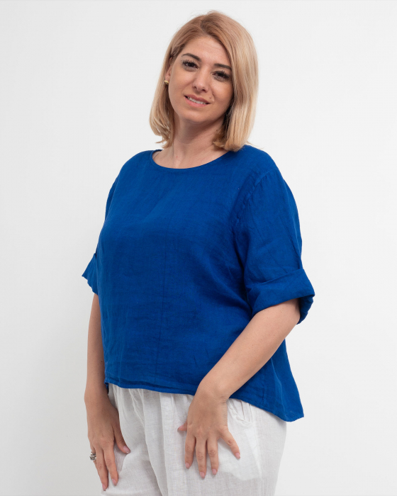 Bluza dreapta albastra din in accesorizata la spate cu nasturi [3]