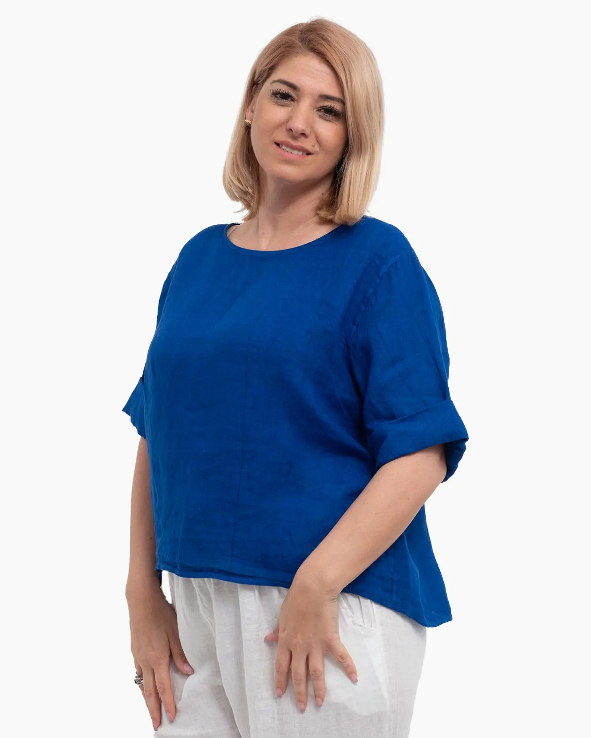 Bluza dreapta albastra din in accesorizata la spate cu nasturi [3]