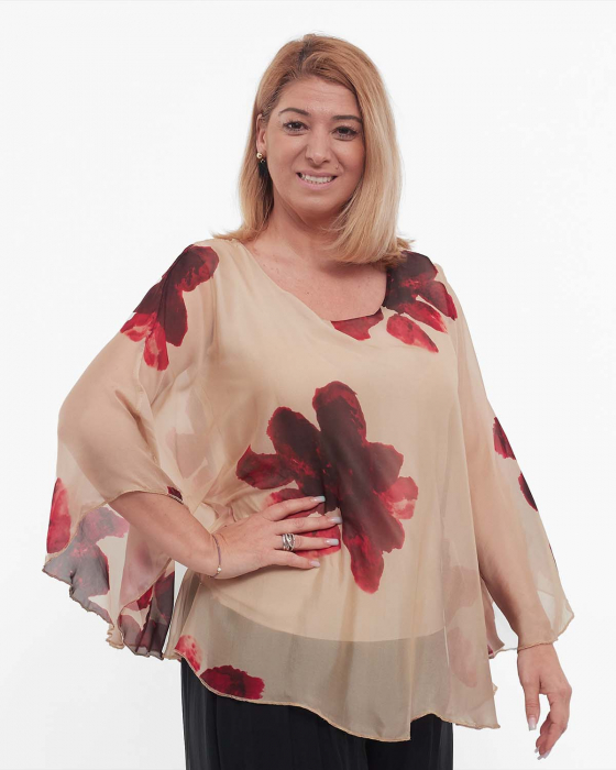 Bluză elegantă bej stil kimono din vâscoză cu imprimeu floral [3]