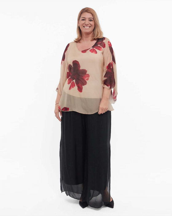 Bluză elegantă bej stil kimono din vâscoză cu imprimeu floral [5]
