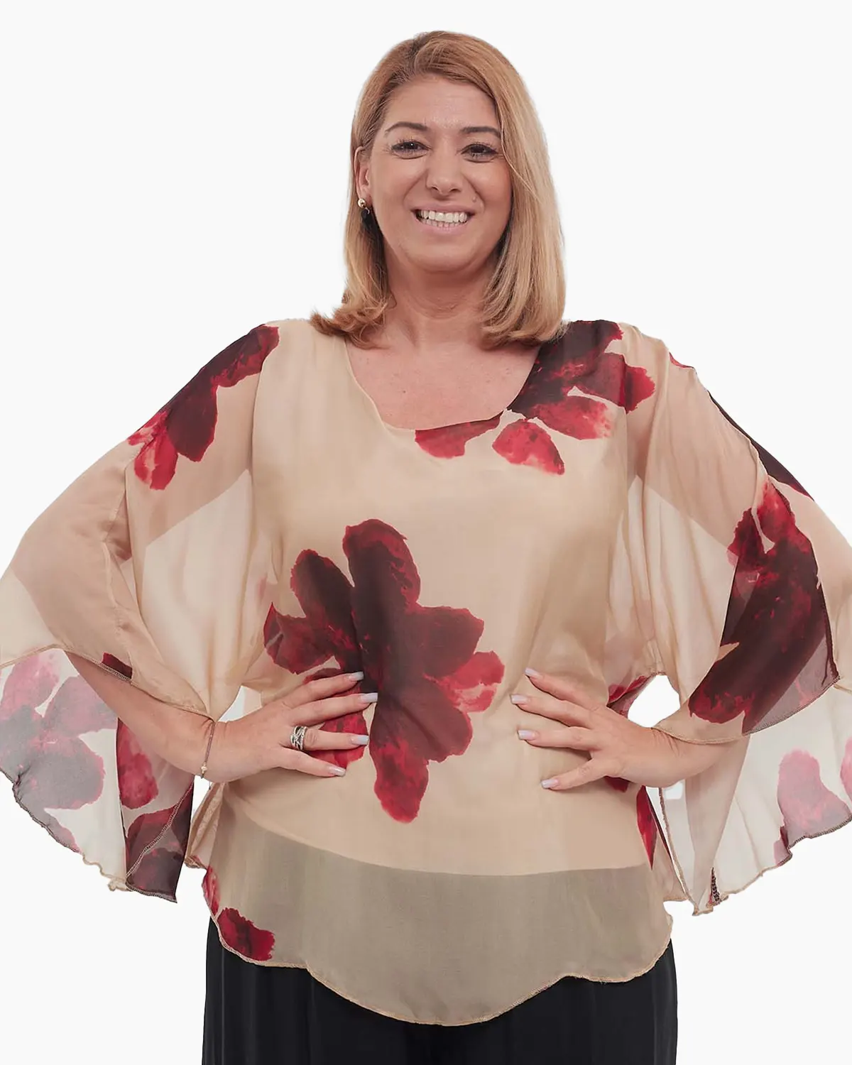 Bluză elegantă bej stil kimono din vâscoză cu imprimeu floral [1]