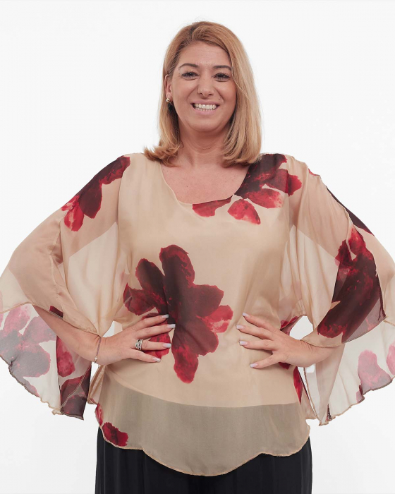 Bluză elegantă bej stil kimono din vâscoză cu imprimeu floral [1]