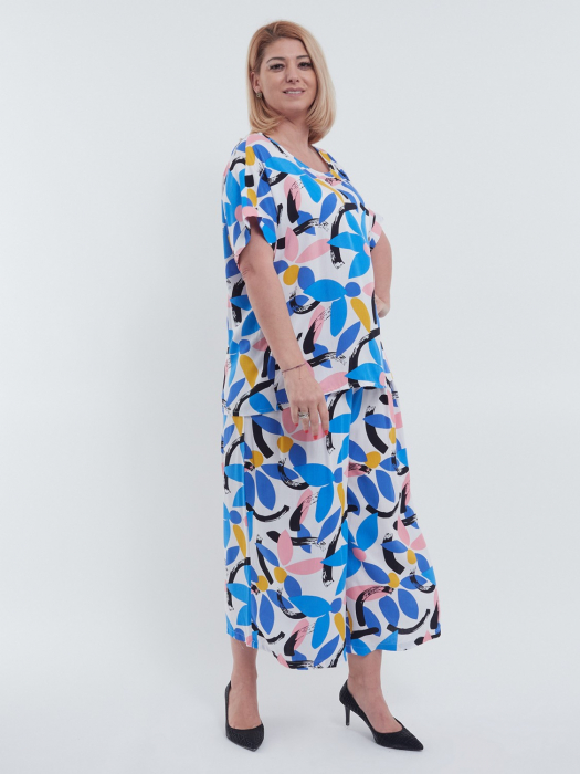 Bluza eleganta casual vaporoasa din 100% viscoza cu imprimeu floral delicat si umeri cazuti, croiala lejera, talie unica, albastru [2]
